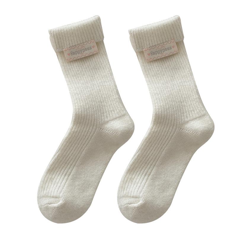 Winter and Autumn Style Rolled-edge Fabric Label Wool Women's Mid-calf Socks, Simple and Versatile, Warm and Cozy, Chunky Socks