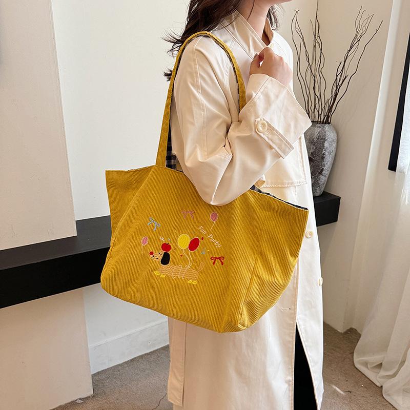 Casual Cute Embroidered Puppy Shoulder Bag Large Capacity Tote Bag Autumn and Winter New Corduroy Plaid Dual-purpose Bag Women