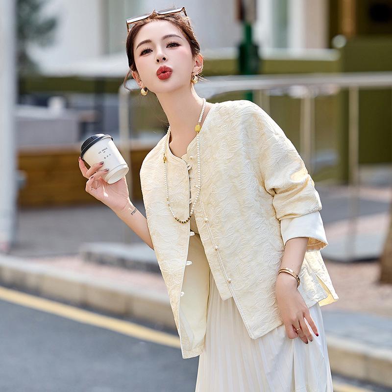 Spring 2025 Women's Chinese-Style Jacquard Round Neck Single-Breasted Short Jacket YB8863