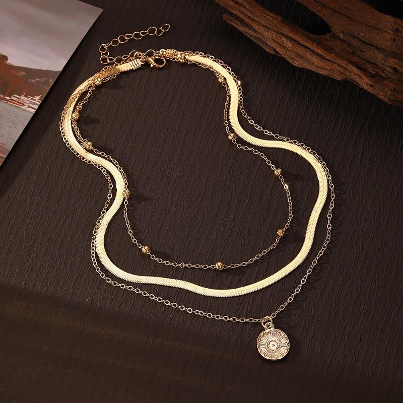 Stainless Steel Three Layer Round Pendant Necklace for Women Fashion Simple Flat Snake Chain Beads Jewelry Party Gift