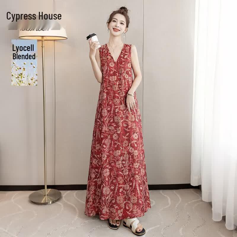 Women s Tencel Linen V-Neck Sleeveless Maxi Dress M