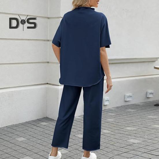 2 ks/sada Dámske Top nohavice Súprava Polovysoký golier Blúzka so širokými nohavicami Elastický pás Nohavice s vreckami Voľný outfit na voľný čas