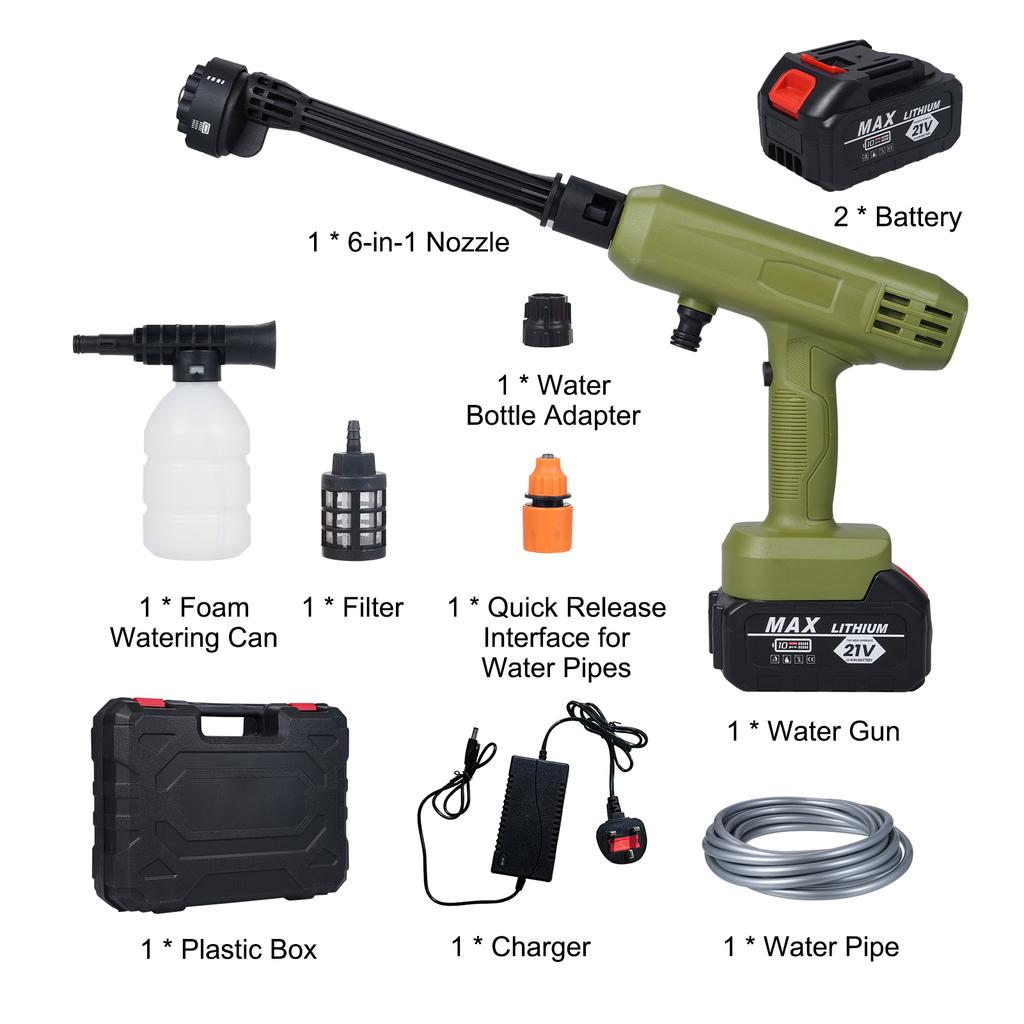 Electric Water Gun Cordless Pressure Washer 2pcs 21V 3000mAh Battery with 6-in-1 Nozzle for Cars,