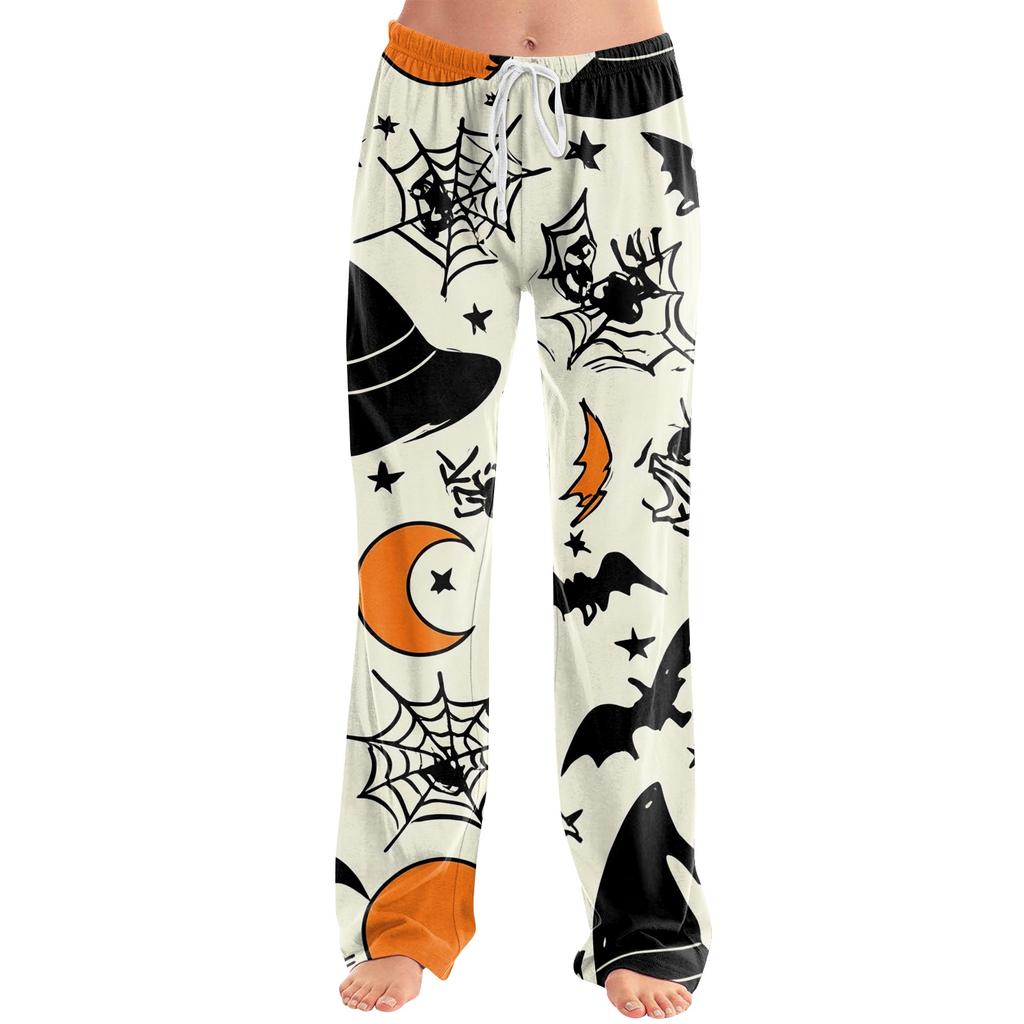 Damen Halloween Print Kordelzug Hose Lässige Lockere Passform Lounge Hose Weicher Leichter Stoff Volle Länge Pyjamahose für den Alltag