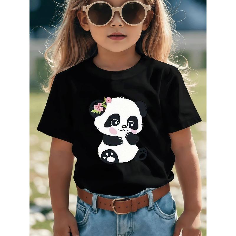 European sizes Cute Cartoon Style Panda T-Shirt - Featuring Pink Flower Decorations, Black Background Design, Suitable for Summer Casual Wear