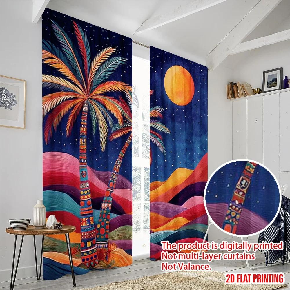 2pcs 2D flat printing Curtain Vibrant Palm Trees Desert Night Polyester Without Electricity Festive Holiday Perfect for Holiday