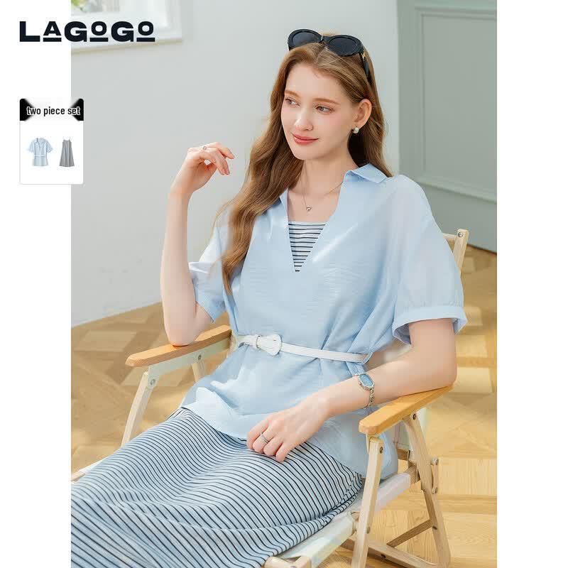 LAGOGO 2026 Summer V-Neck A-Line Skirt Set M
