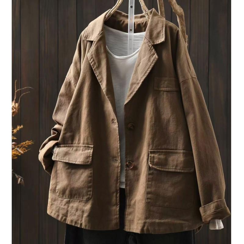 Johnature Women Vintage Jackets Solid Color Turn-down Collar Coats Autumn Button Pockets Loose Female Jackets