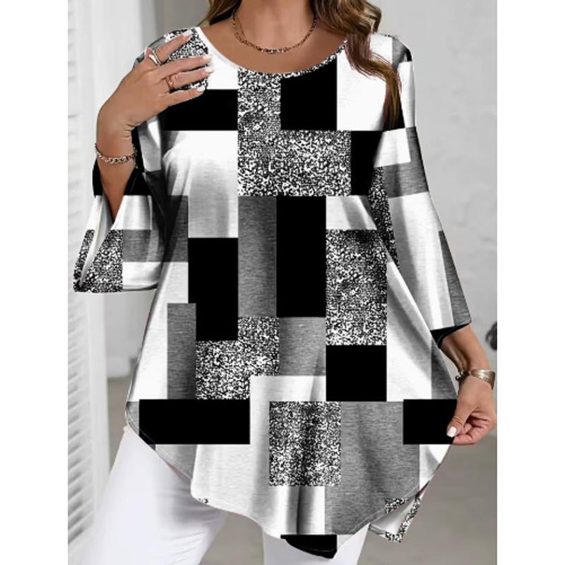 T-shirt Casual da Donna Taglie Forti, Blusa Stampata Girocollo, Abbinabile a Tutto, Primavera Estate 2026