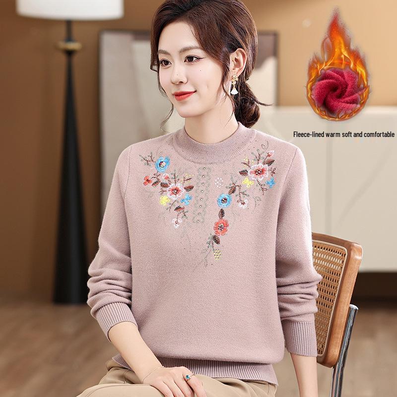 Mom's Winter Fleece-Lined Warm Top Sweater for Middle-Aged & Elderly Women