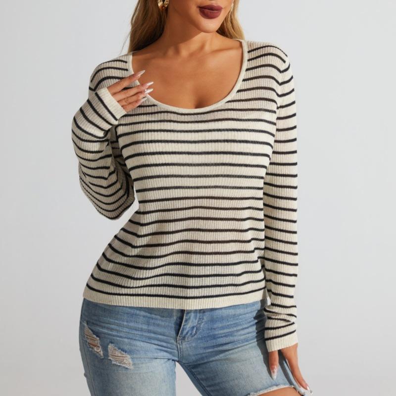 Women's Spring and Autumn Slim Slim Round Neck Long Sleeved Striped Sweater Knit Temperament Top