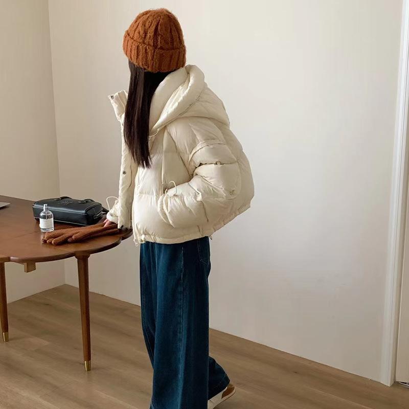 Premium hooded down jacket women's short 2024 winter thickened solid color loose white duck down small man bread jacket