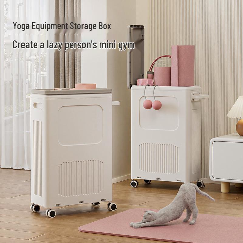 Yoga Mat Plastic Trolley with Flip-Top Storage Basket for Living Room Fitness Equipment