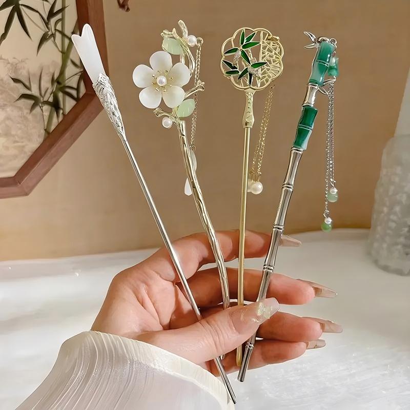 6pc/set Elegant Chinese Hair Clips Tassels Traditional Hair Sticks Women's Retro Metal Flowers Jade Decorations Hair Accessories