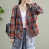 Artistic Retro Checkered Long Sleeved Shirt for Women Spring Autumn Drawstring Tied Casual Short Cardigan Jacket
