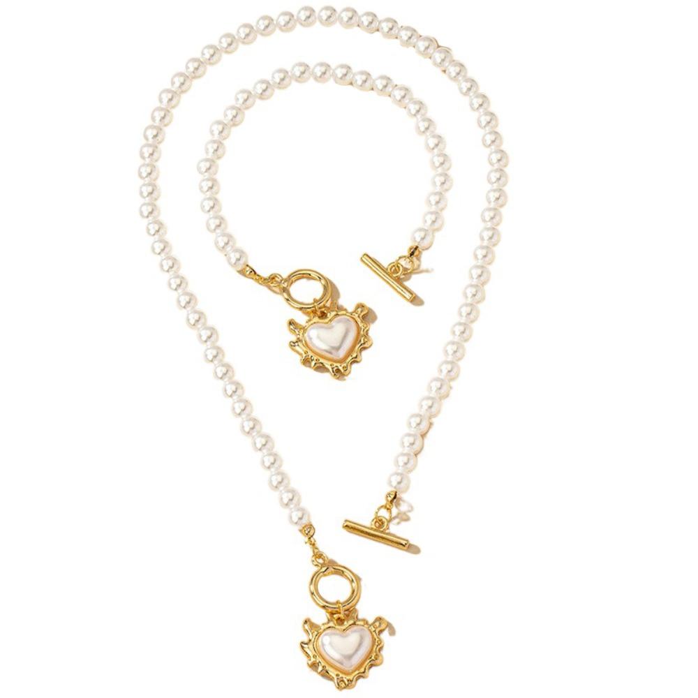Beaded Heart Pendant Jewelry Set Crystal Pearl Necklace Set Necklace Bracelet Set  Wedding Party
