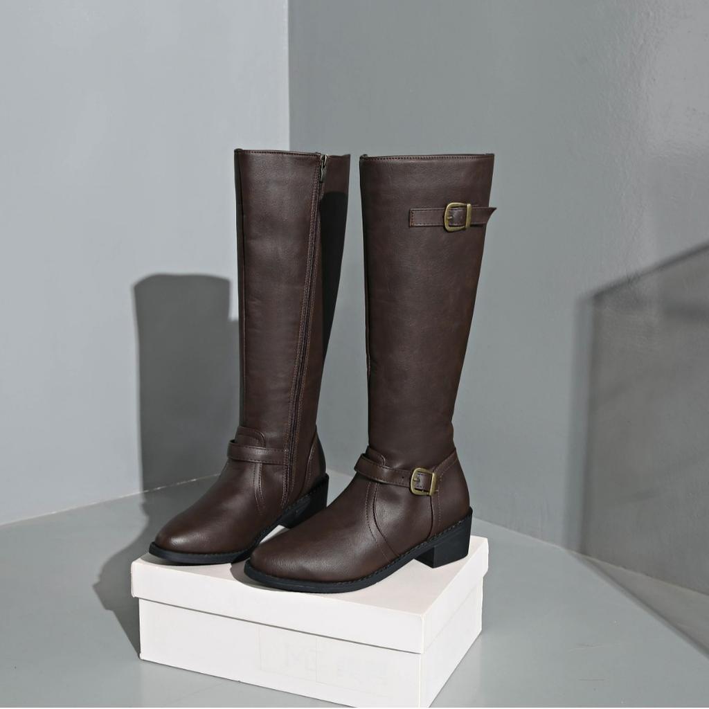 Women's High Boots 2025 Autumn and Winter New European and American Foreign Trade Large Size Thick Heel Super High Heel Square Buckle Zipper Boots