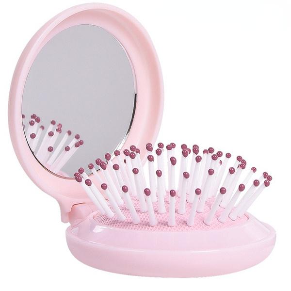 1Pc Folding Detangling Brush for Curly Hair Non-slip Rubber Hair Brush Mirror with Comb Travel Portable Folding Comb