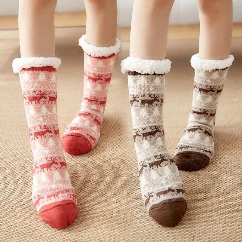 Winter Warm Socks Women Plush Soft Female Non Grip Floor Slippers Short Sock Fuzzy Fluffy Deer Elk Bear Christmas Gift