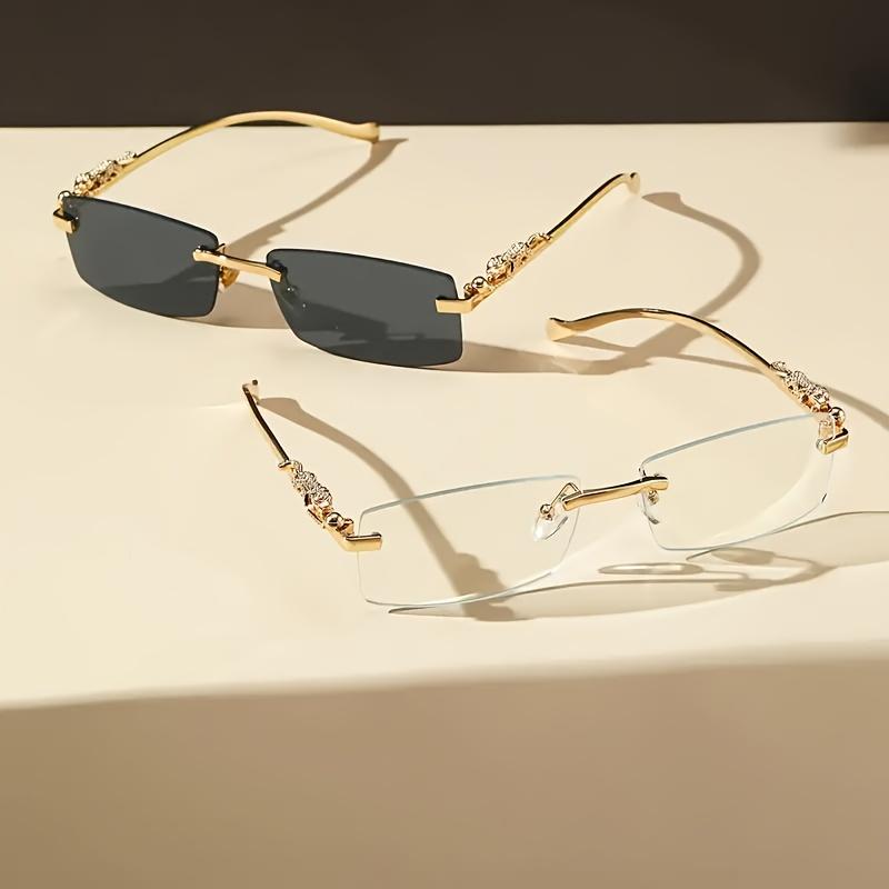 

2pcs Business Rectangular Sun Glasses Luxury Rimless Uv400 Cheetah Men Sunglasses Gold
