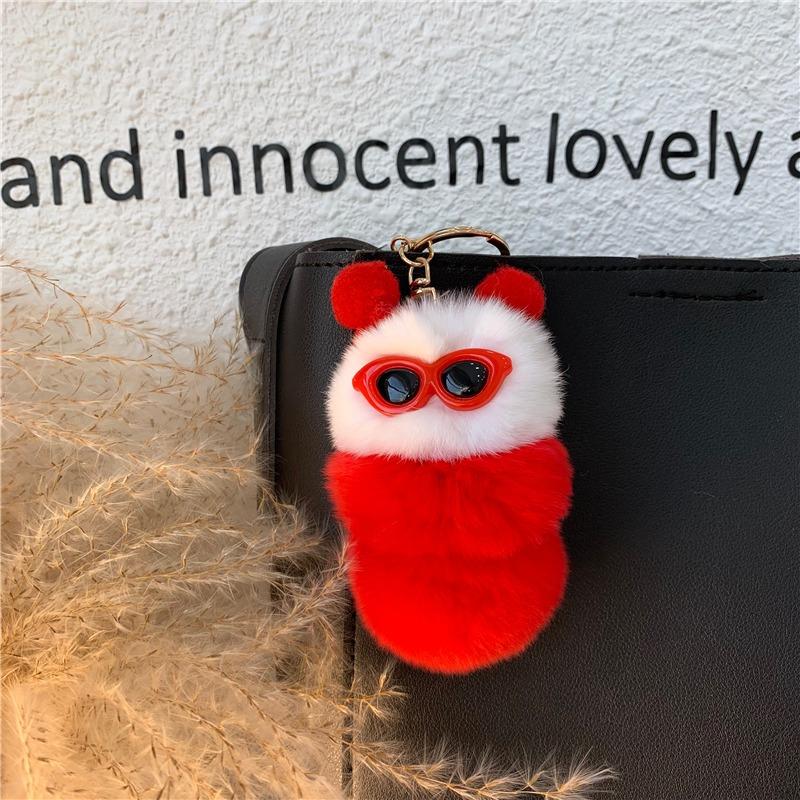 Bag Charm Cute Colorful Plush Caterpillars With Sunglasses Soft Rabbit Fur Animal Pompom Pendant With For Women