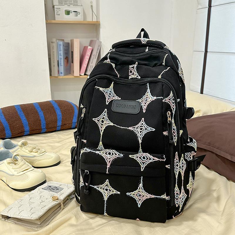 

Korean Style Backpack For Girls Boys With Solid Color And Star Embroidery Design For School And Travel чёрный