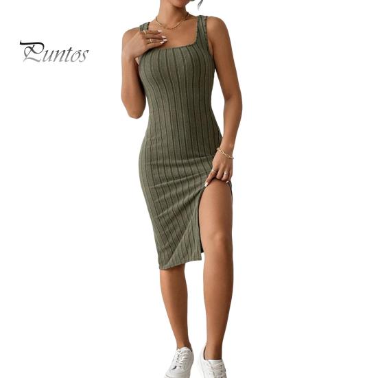 

Літня жіноча сукня з квадратним вирізом без рукавів, вузька еластична нитка з розрізом збоку, суцільний колір, дихаюча клубна вечірня сукня міді для поїздок на роботу і на роботу. S армія зелений колір