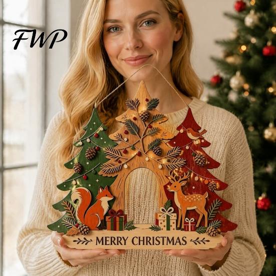 Winter Festive Home Decorations Christmas Wooden Sign Hanging Ornament, Multi-Layer Tree Wood Plaque Handcrafted Holiday Decor with Rope, Merry