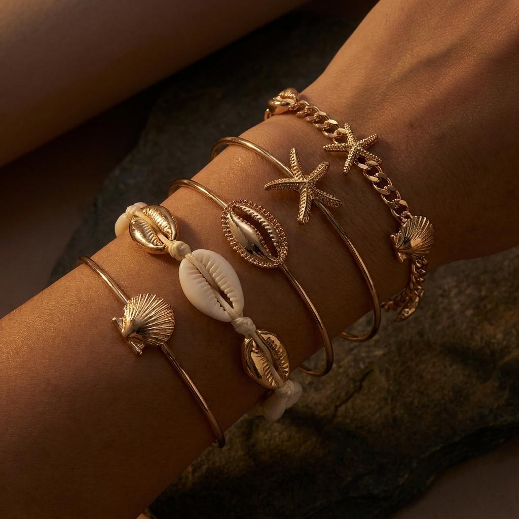 5Pcs Elegant Bracelet Set for Women Boho Mixed Cowrie Shell Gold Color Starfish Bangle Summer Beach Vacation Jewelry Gift
