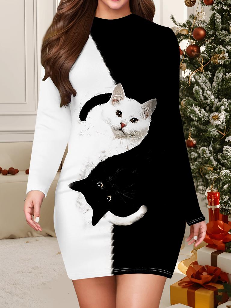 2025 Autumn and Winter New Women's Hip-wrapped Dress,3D Cat Printing and Dyeing Women's Fashion Long-sleeved Round Neck Sexy Hip-wrapped Dress