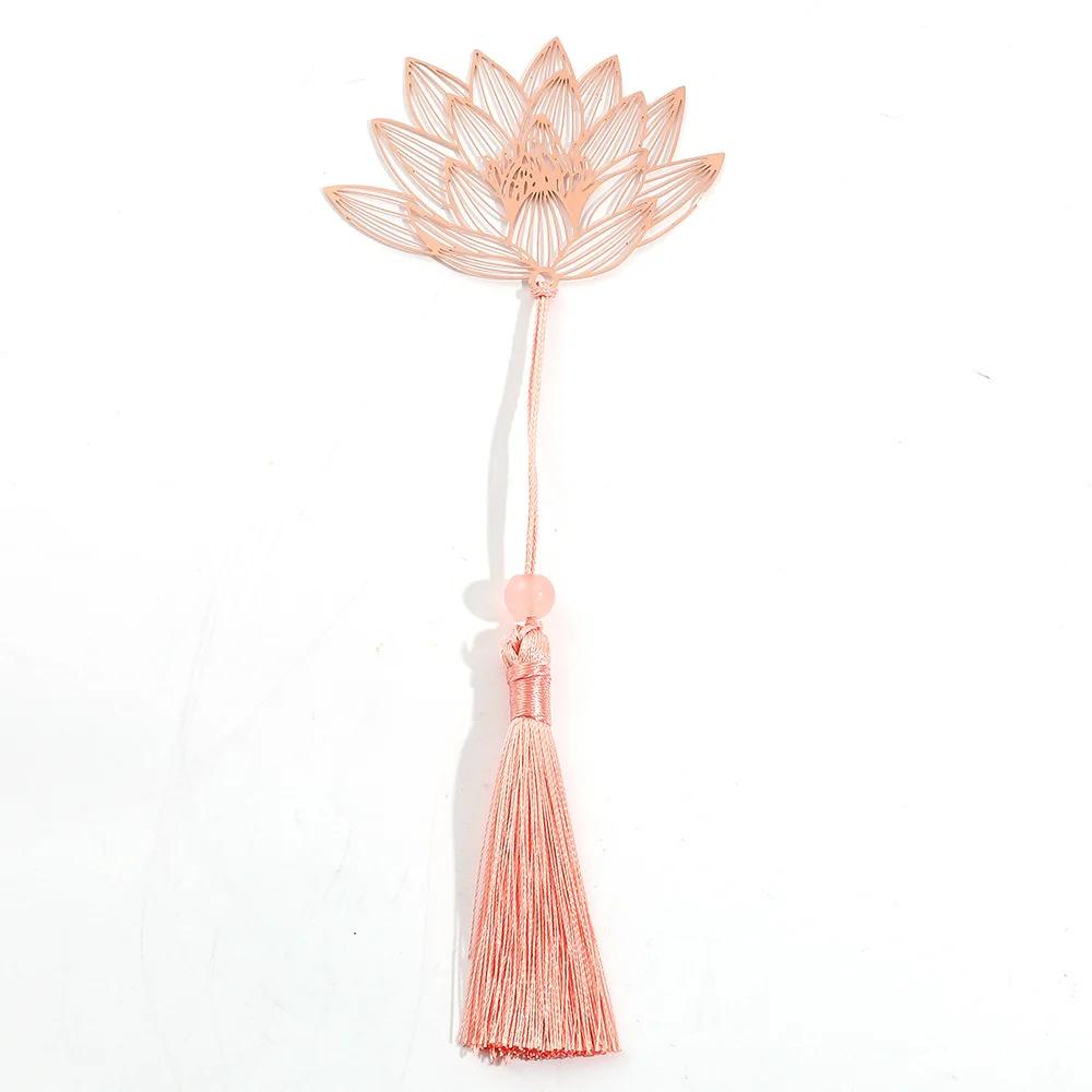 Pink Flower Metal Hollow Bookmarks With Tassel Pendant Apricot Leaf Lotus Rose Bookmark Gifts For Teachers Friends Book Lovers