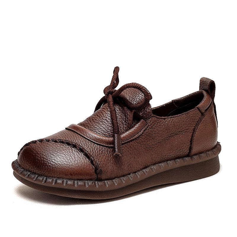Vintage Style Wipe Color Oxford Shoes Round Toe Front Lace Up Deep V Cut Women Flats