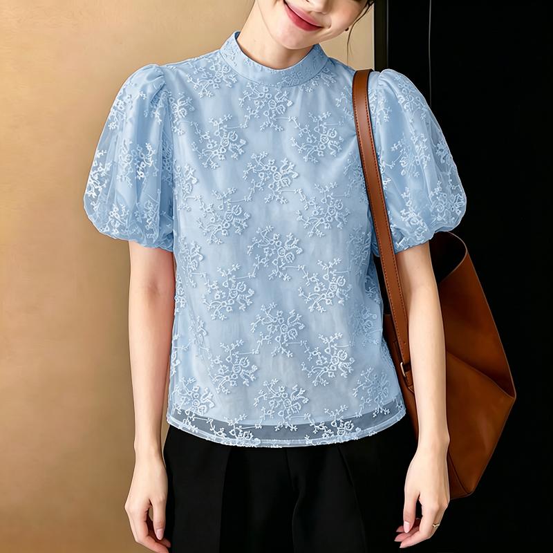 ZANZEA Women Stand Collar Loose Casual Lace Patchwork Short Sleeve Blouse