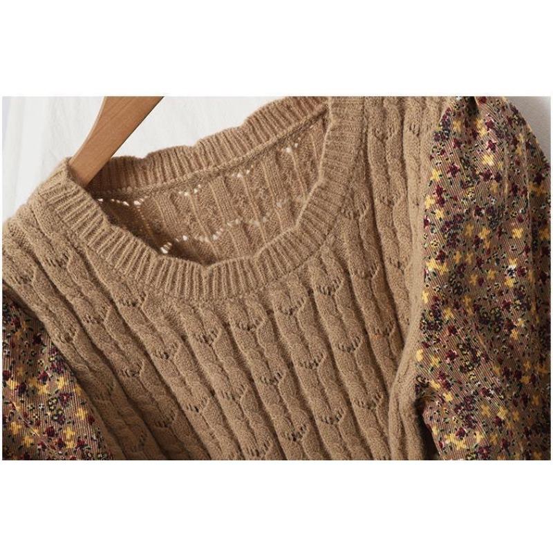 Damska jesienno-zimowa sukienka z paskiem w kwiaty, dzianinowa, sztruksowa, z łączonymi wzorami