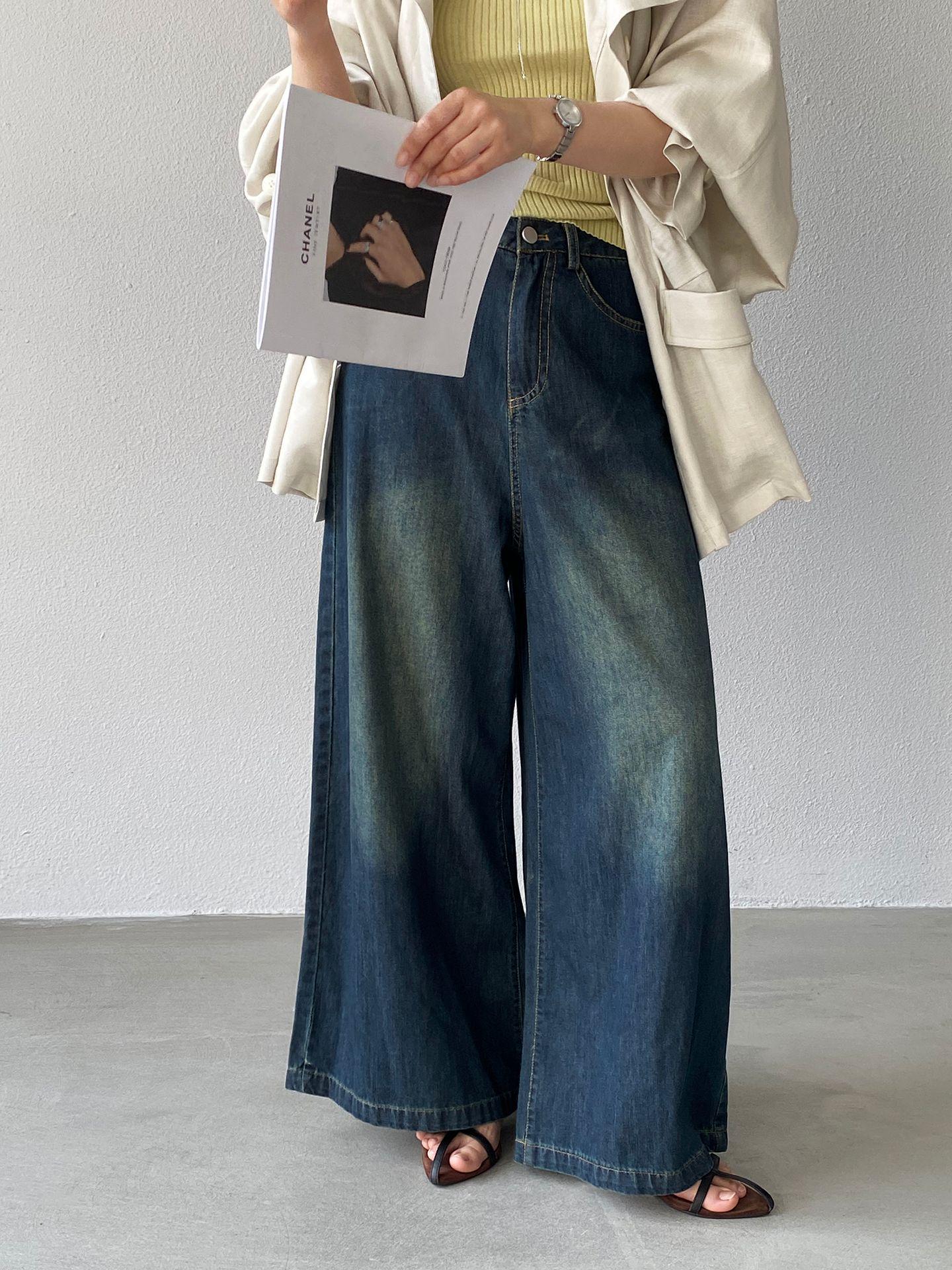 Jiangzuo Women s Retro Distressed Straight-Leg Wide Jeans Small