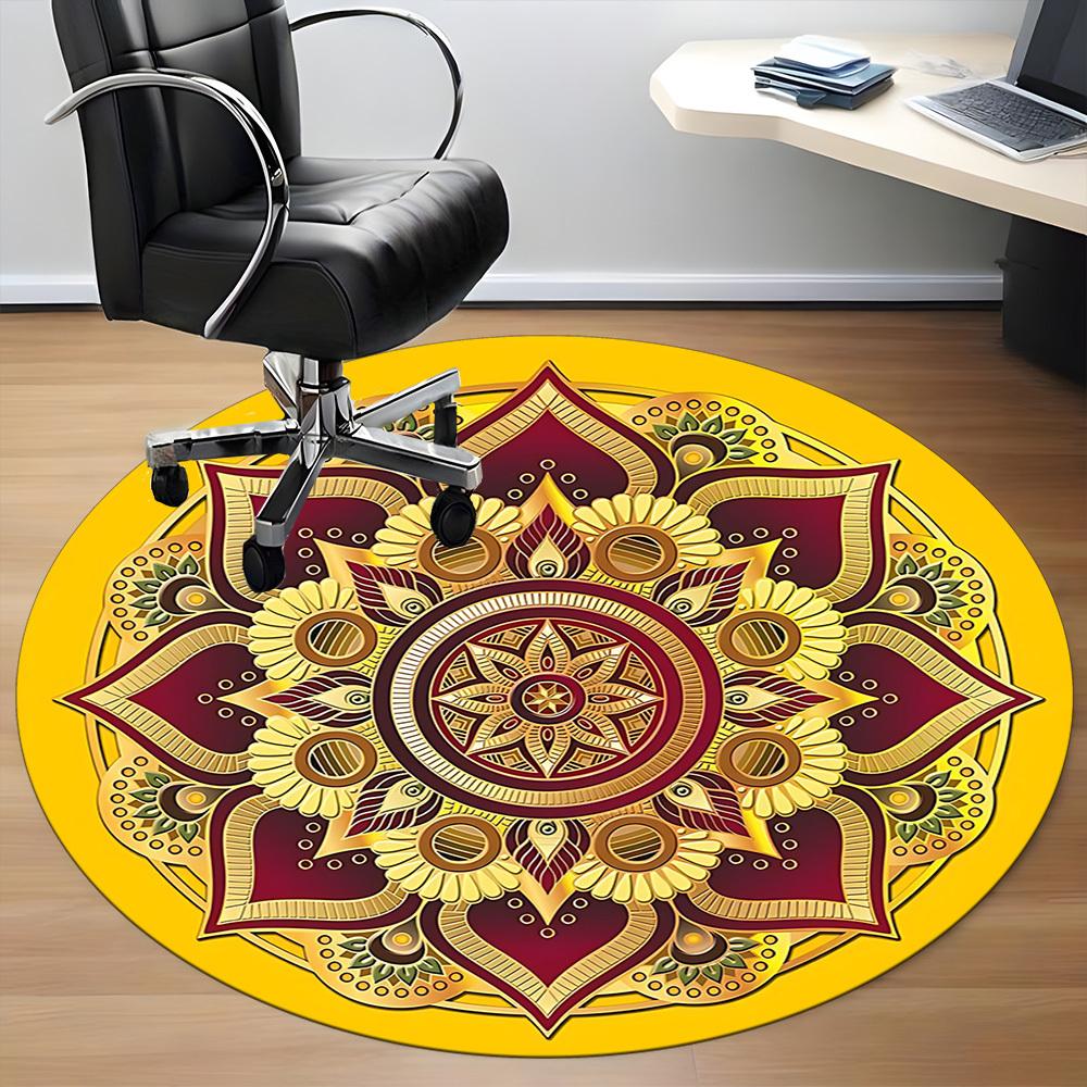 1pc Golden Mandala Pattern Chair Carpet for Office, Round Polyester Mat, Indoor Decor for Office, Easycare Fabric, Washable Non-slip Area Carpet