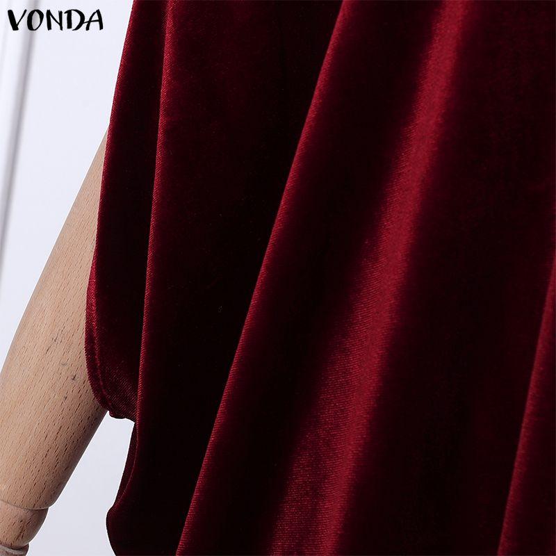 VONDA Women Stand Neck 3/4 Batwing Sleeve Mesh Patchwork Velvet Loose Long Tunic Blouse