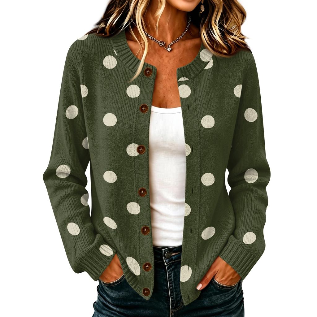 Cardigan de Tricô Casual Feminino com Estampa de Bolinhas, Manga Longa, Fechamento Frontal com Botões, Casaco Suéter para Outono