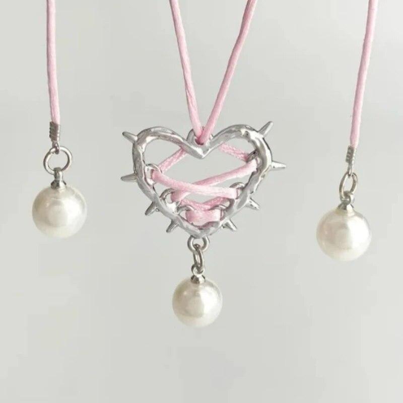 

Преувеличение элегантный розовый черный галстук-бабочка любовь металлическое сердце ожерелье лента имитация жемчуга кулон ожерелье для женщин ювелирные изделия розовый