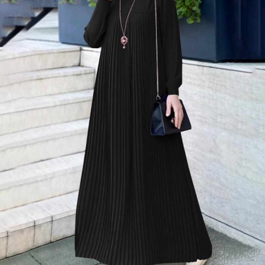Women's Elegant Black Ice Silk Long Sleeve Pleated Dress