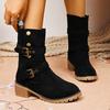 Fashion Punk Metal Decoration Suede Ankle Boots Women 2025 Autumn Vintage Medium Heel Western Cowboy Boots Non Slip Woman's Shoes Size42