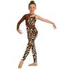 Girls Shiny Rhinestone Printed Gymnastics Jumpsuit Asymmetrical Full Length Bodysuit