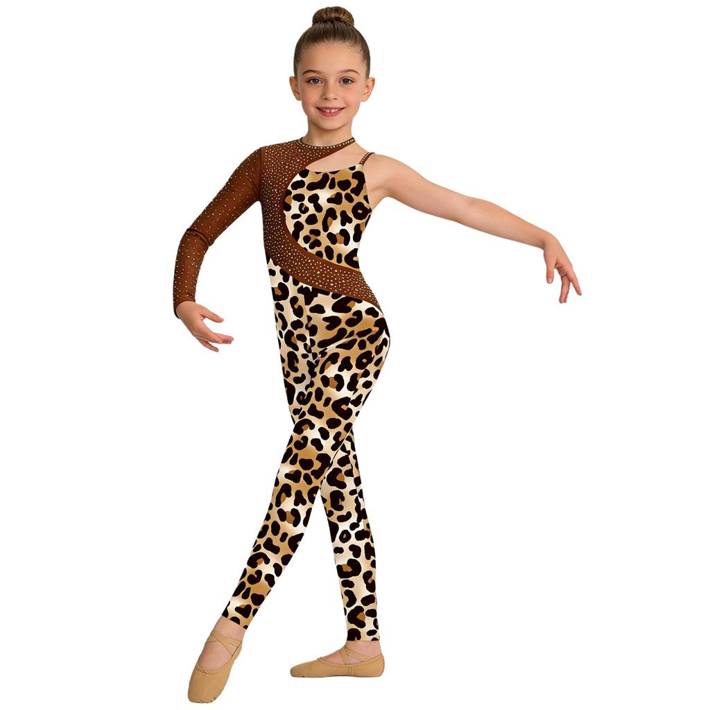 Girls Shiny Rhinestone Printed Gymnastics Jumpsuit Asymmetrical Full Length Bodysuit
