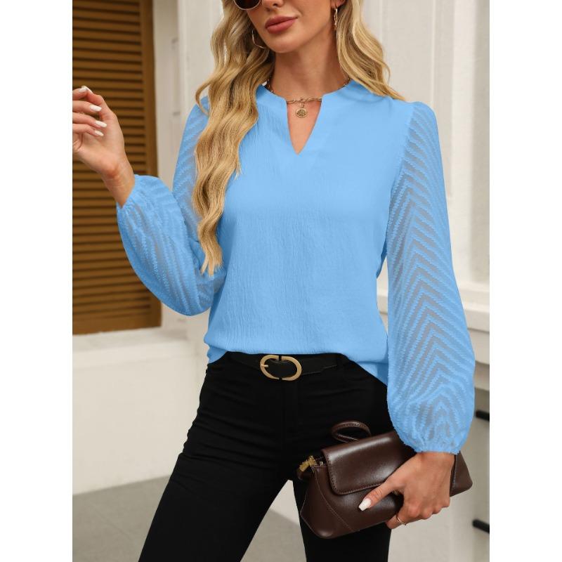 

Летняя мода новый стиль темперамент, все сочетается, элегантный и щедрый, незаменимая вещь для офиса, женская блузка из шифона с кружевом и V-образным вырезом S светло-синий