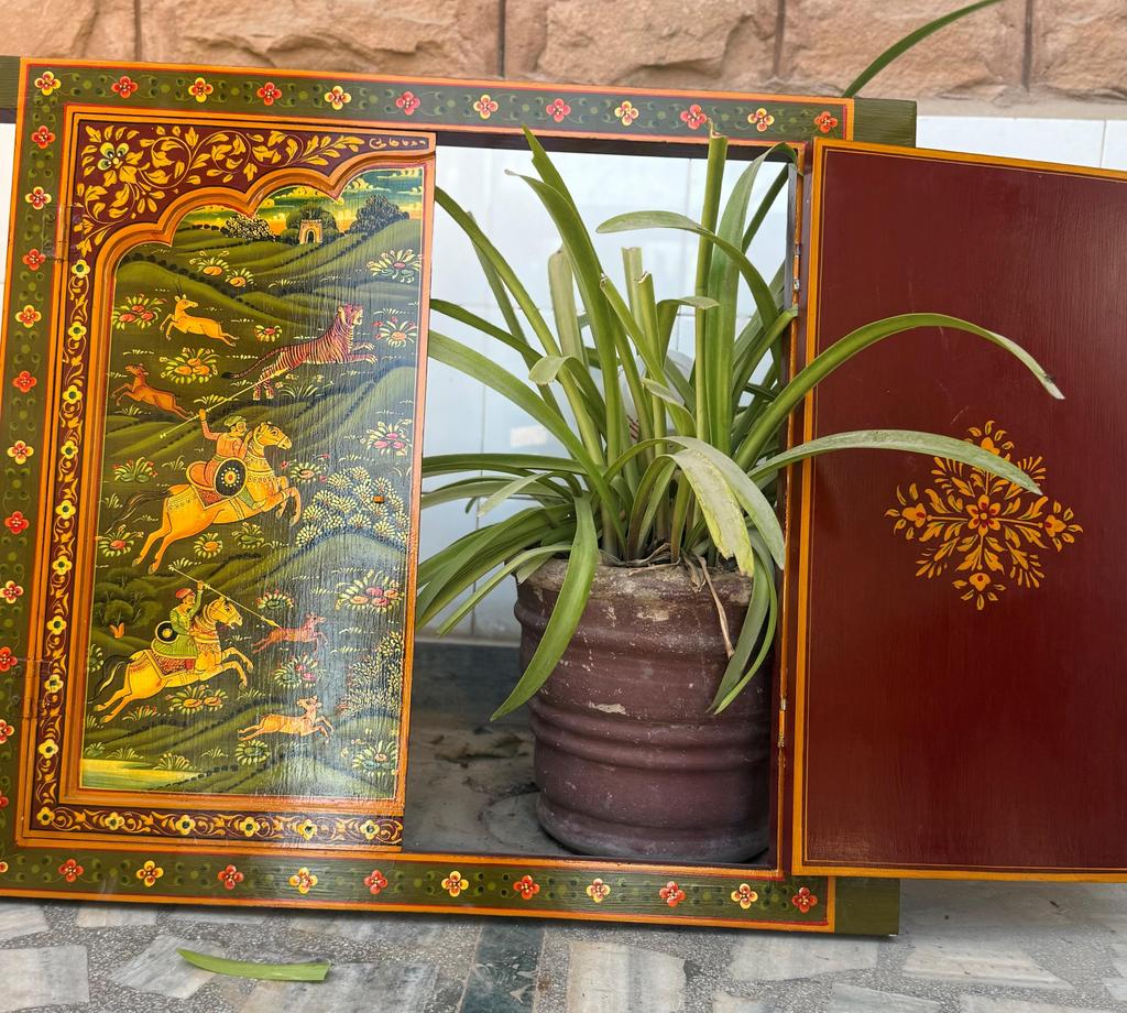 Handmade Wooden Jharokha Wall Hanging: Royal Hunting Scene, Festival Decor Frame