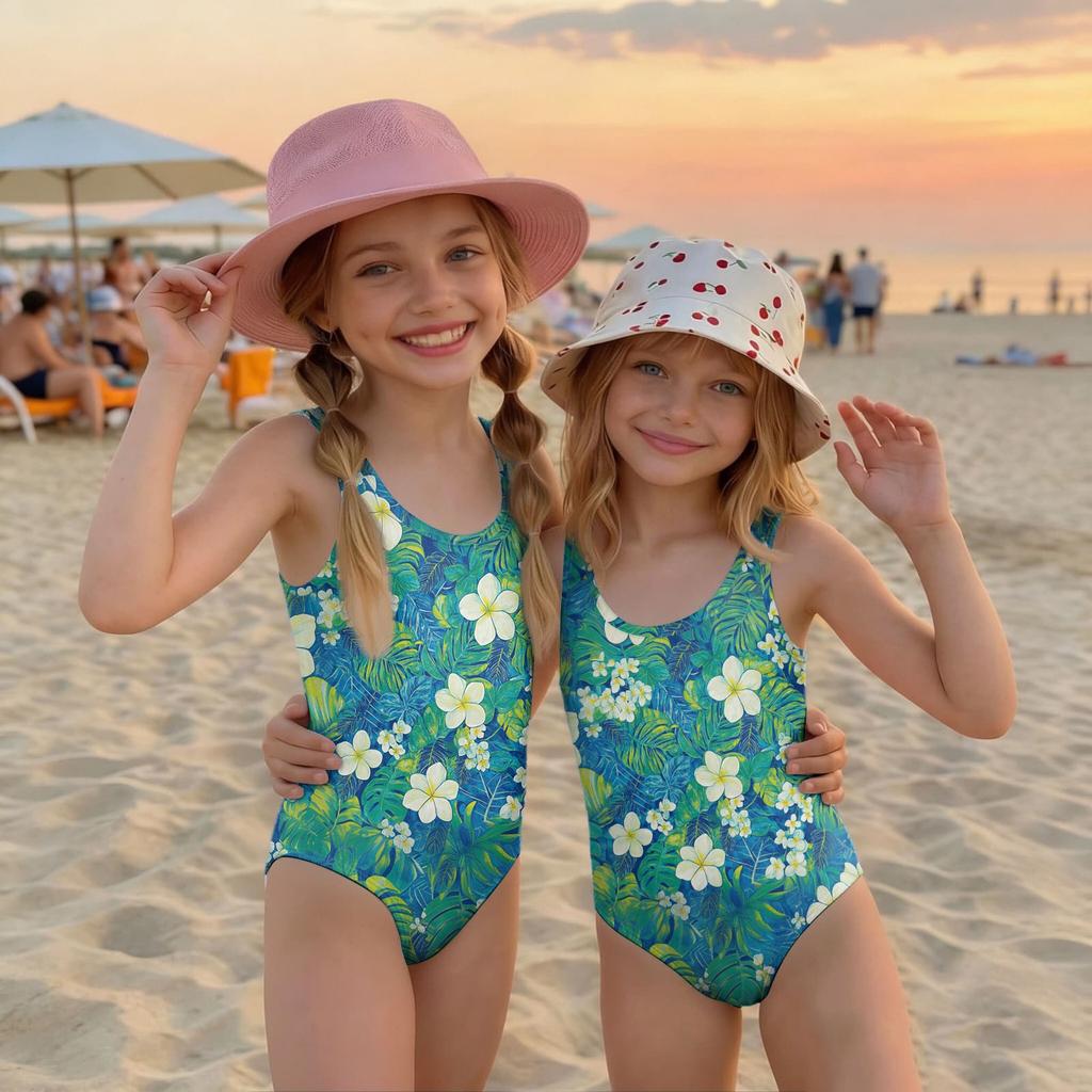 Girls One Piece Swimsuit Hawaiian Floral Print Summer Swimwear Kids Casual Beachwear Pool Outfit for Children