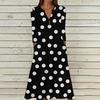 Women's Summer Casual V-Neck Button Retro Polka Dot Print Three-quarter Sleeve Long Dress With Pockets