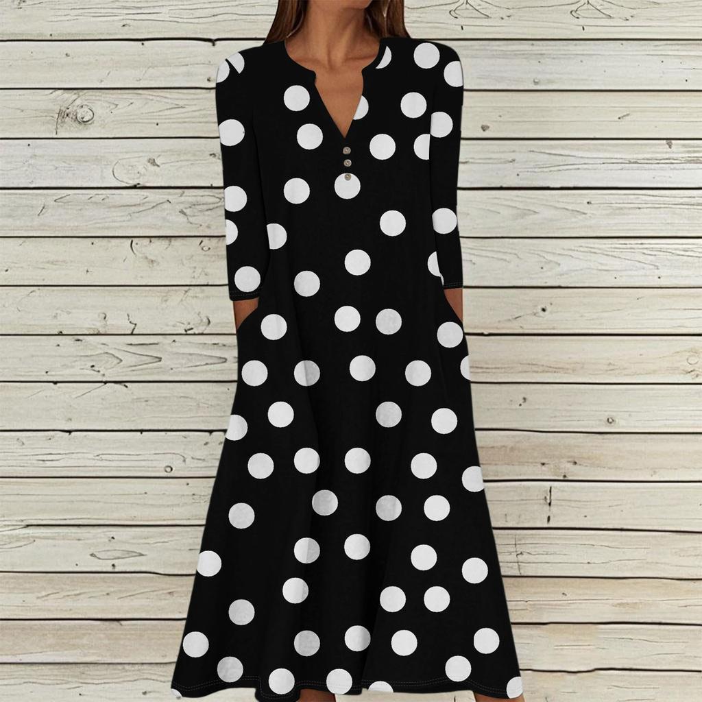 Women's Summer Casual V-Neck Button Retro Polka Dot Print Three-quarter Sleeve Long Dress With Pockets