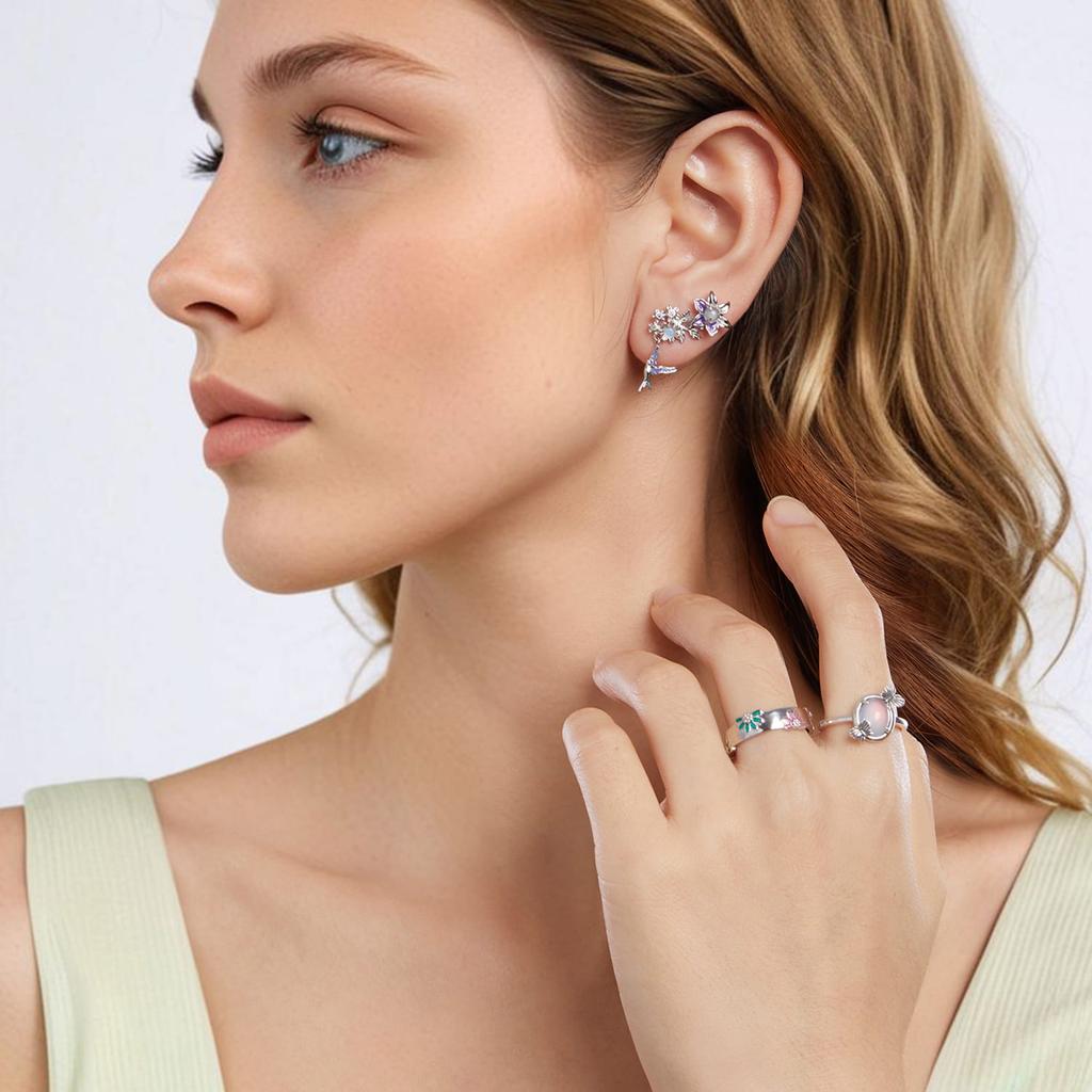 Silver Hummingbird Earrings with Flowers, 925 Silver Studs