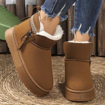 Klassische Stickerei Kunstpelz Stiefeletten Damen Winter Seitenreißverschluss Plateau Warm Schneestiefel Frau Runde Zehenpartie Rutschfest Botas Mujer